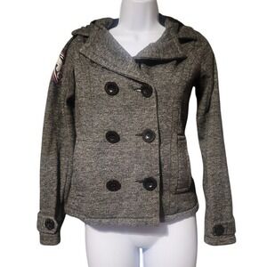 Fox Racing Womens Grey Y2K Hooded Pea Coat Jacket Double Breasted‎ Size S